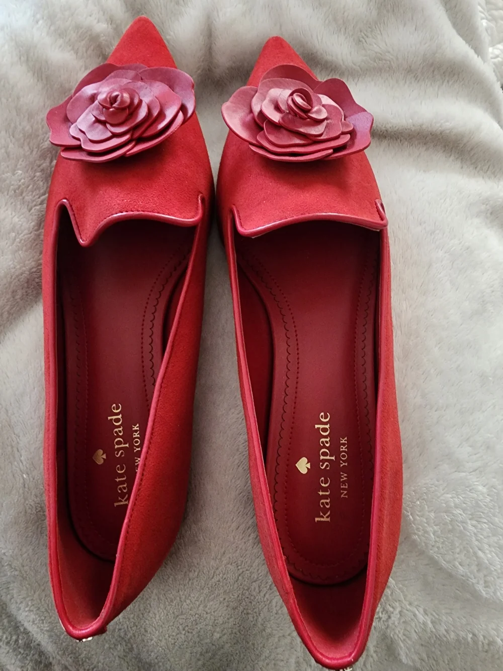 kate spade Red Suede Pointed Toe Flats with Floral Applique
